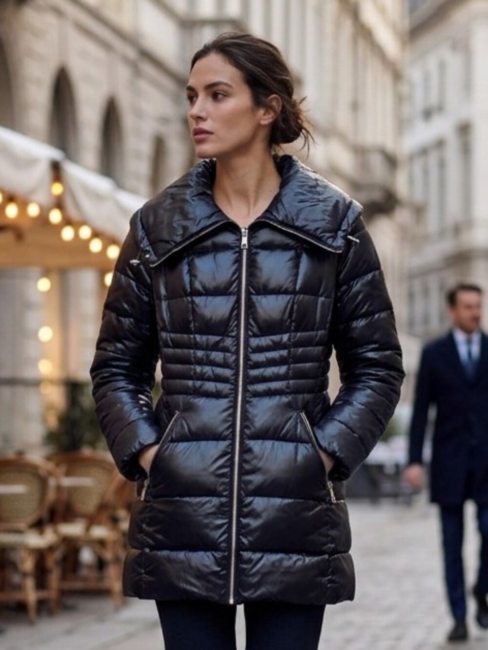 Karl Lagerfeld Women's Streetwear Winter Shiny Black Quilted Puffer Coat Size M